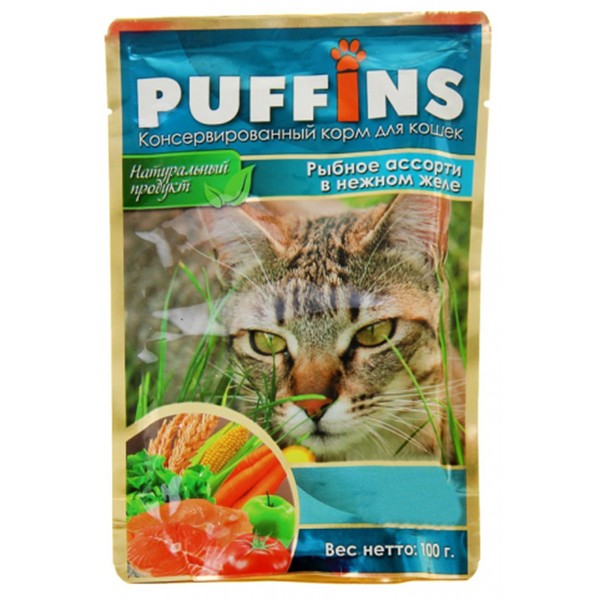 PUFFINS влаж.д/кошек 100г в желе рыбное ассорти